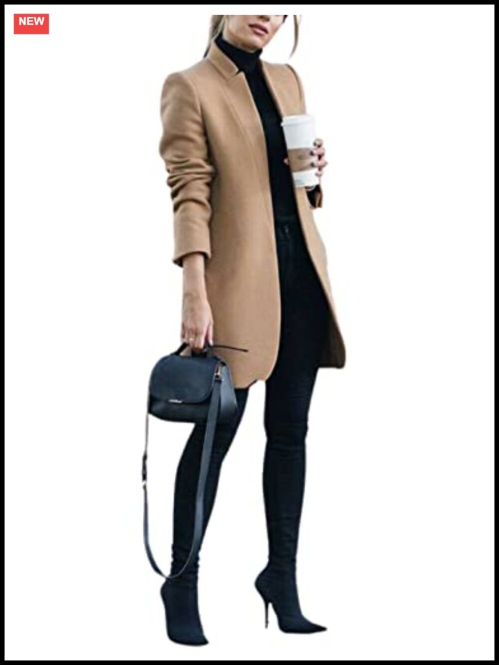 Wool Blend Pea Coat Stand Collar Mid Long Slim Fit Trenchcoat